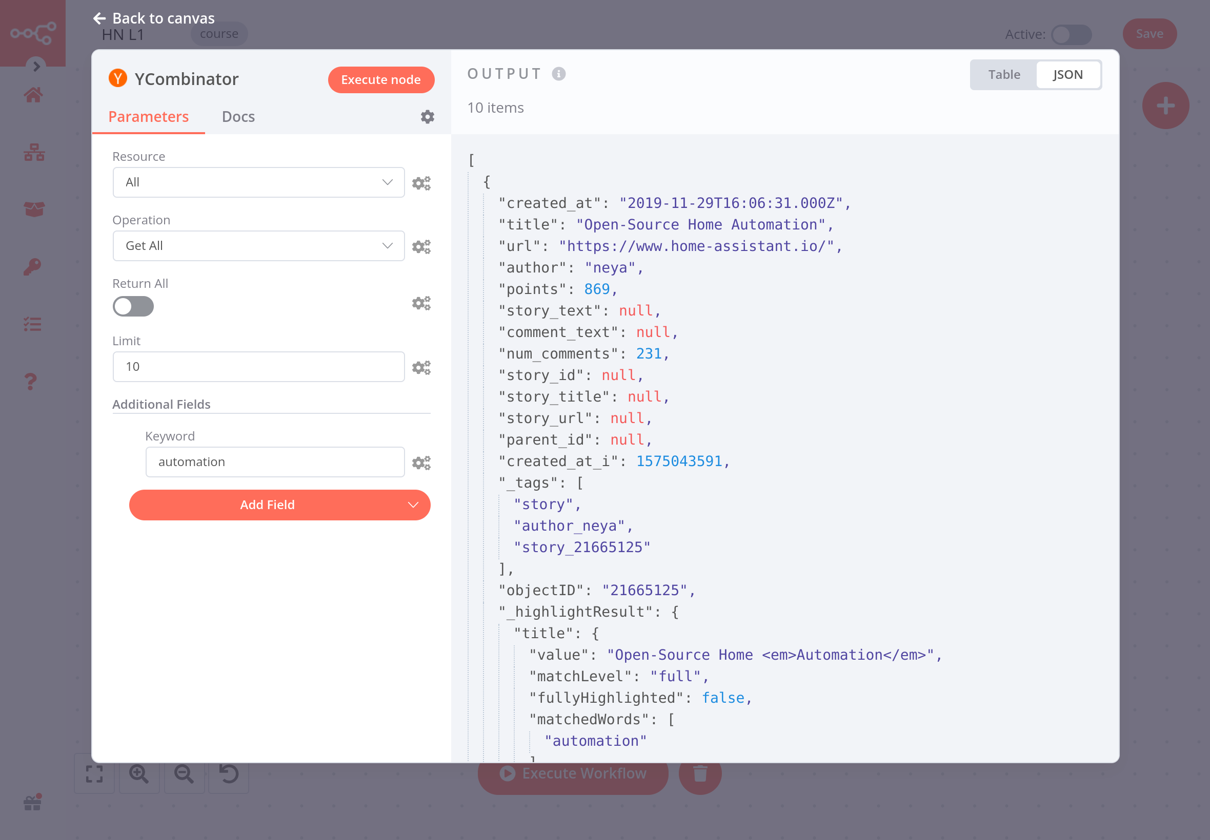 Results in JSON view for the Hacker News node