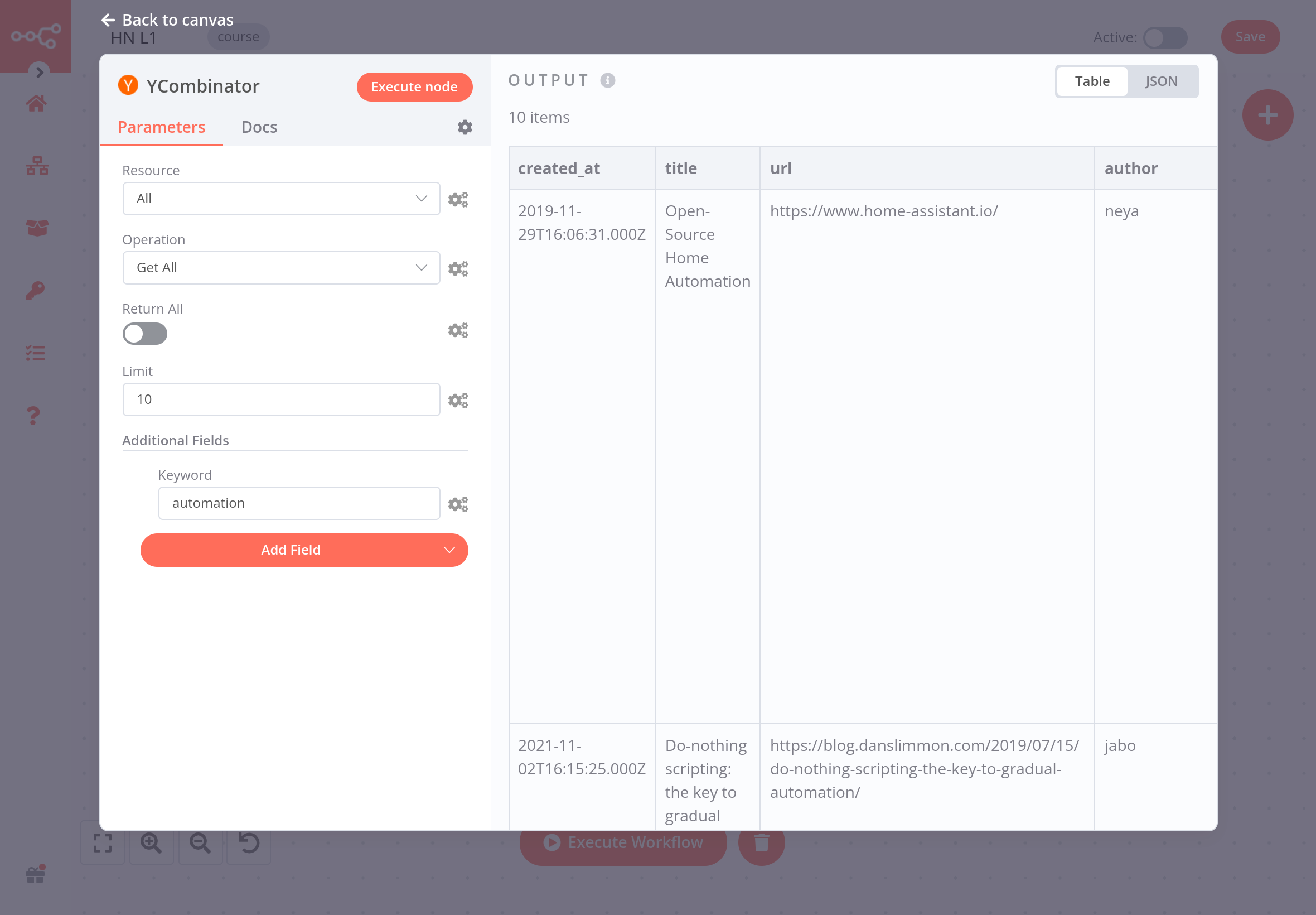 Results in Table view for the Hacker News node