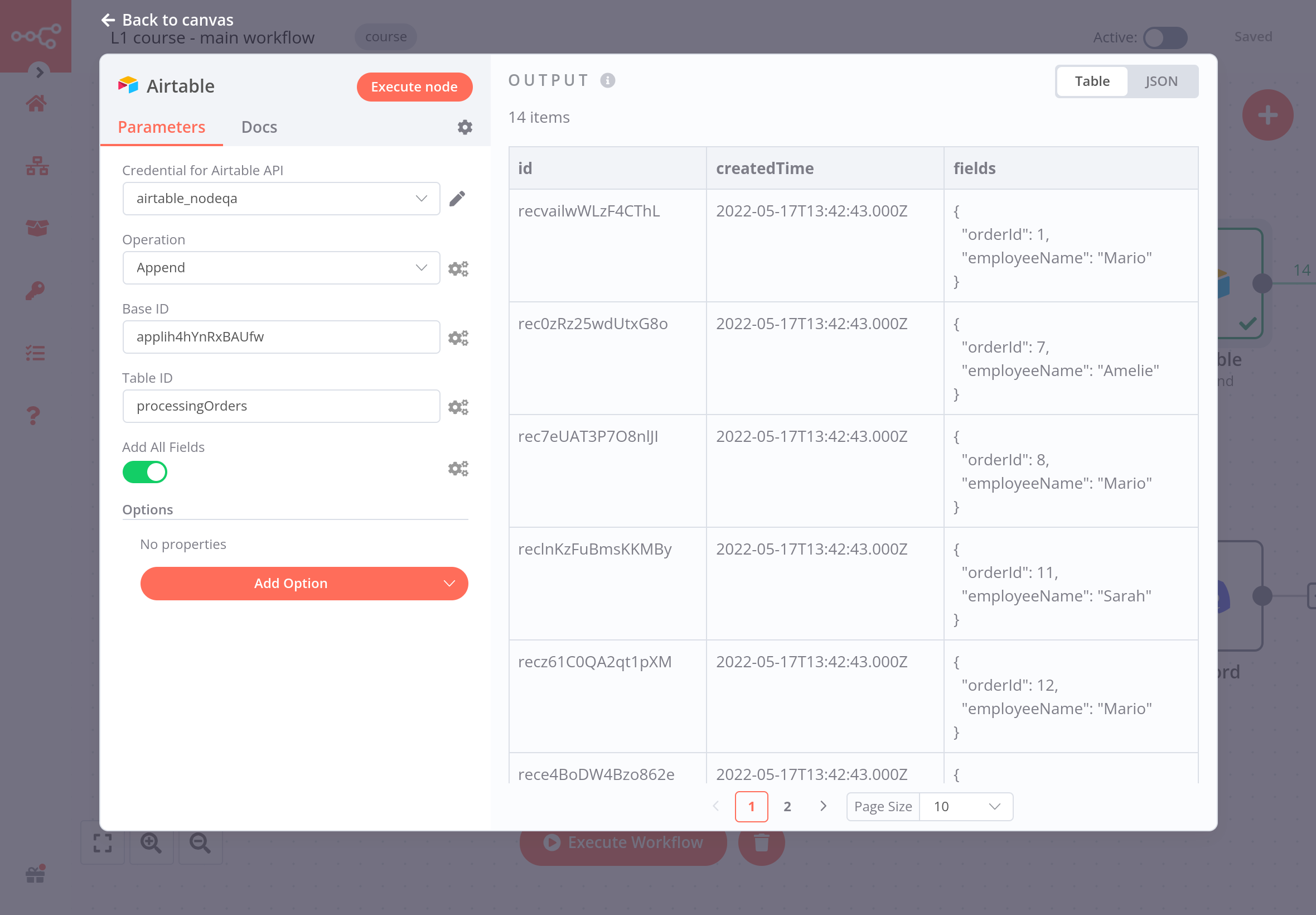 Airtable node results