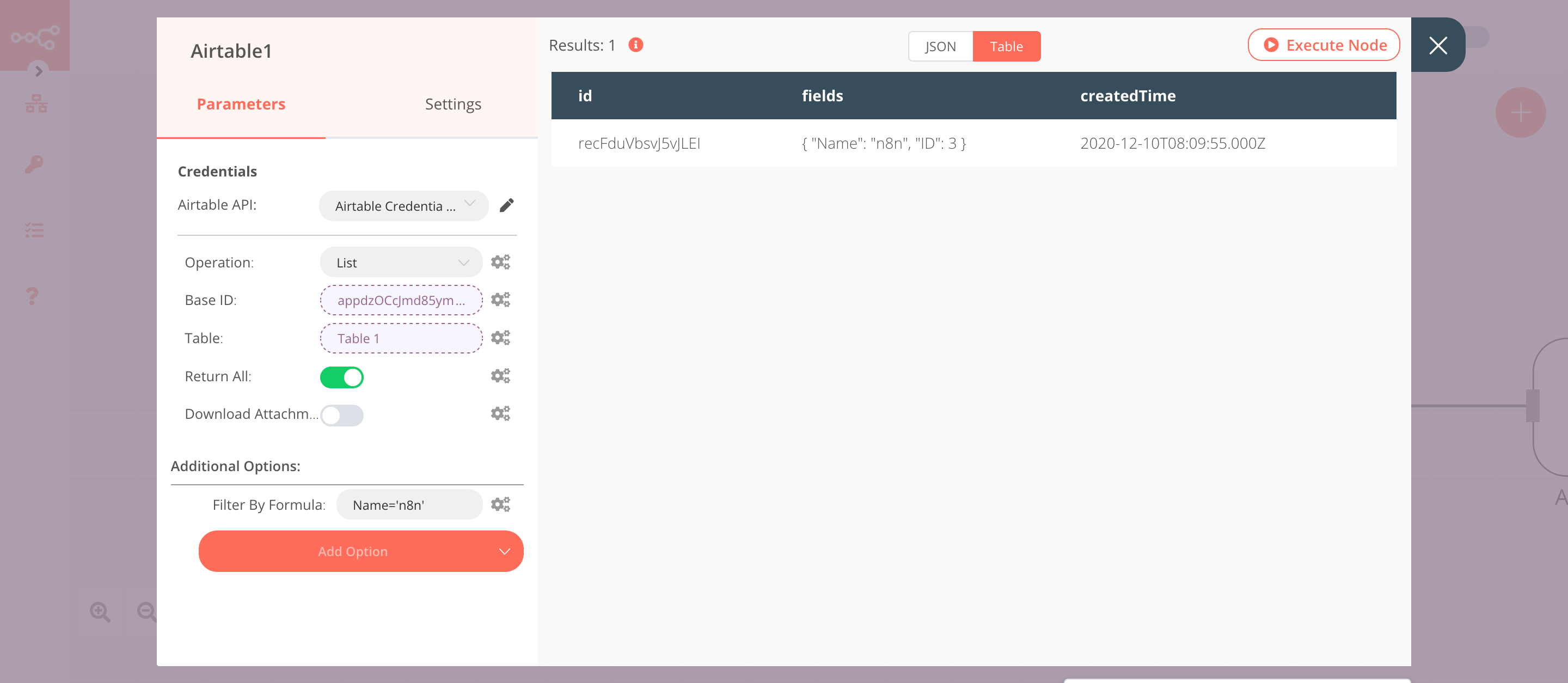 Using the Airtable node to read data from an Airtable table