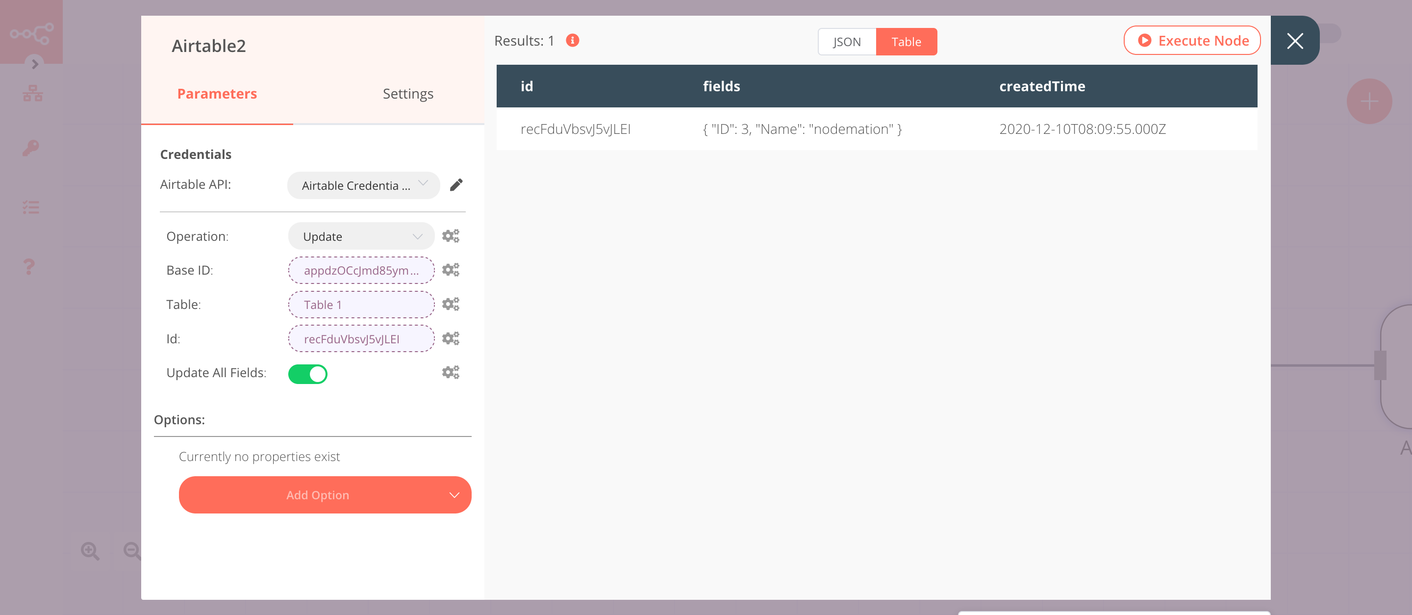 Using the Airtable node to update data of a record