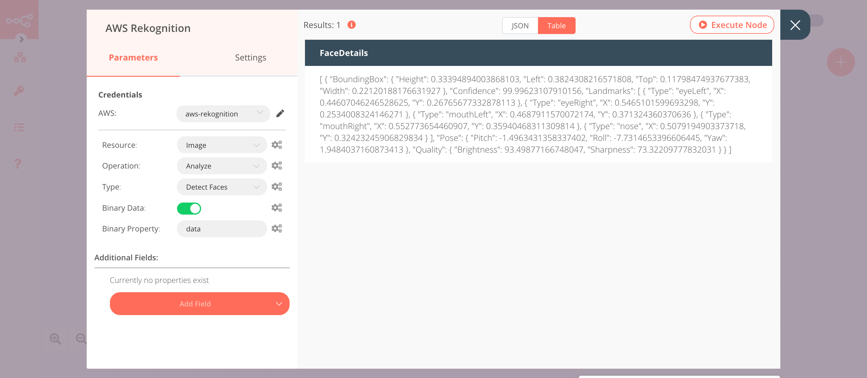 Using the AWS Rekognition node to detect faces in an image