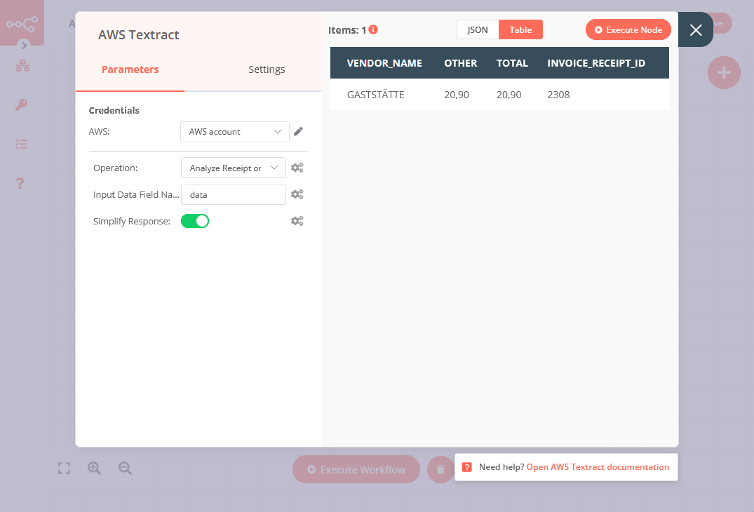 Using the AWS Textract node to extract data from a receipt