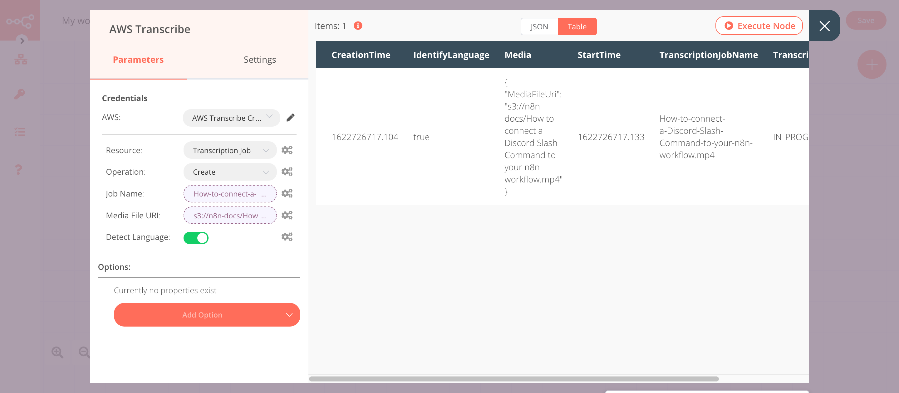 Using the AWS Transcribe node to create a transcription job