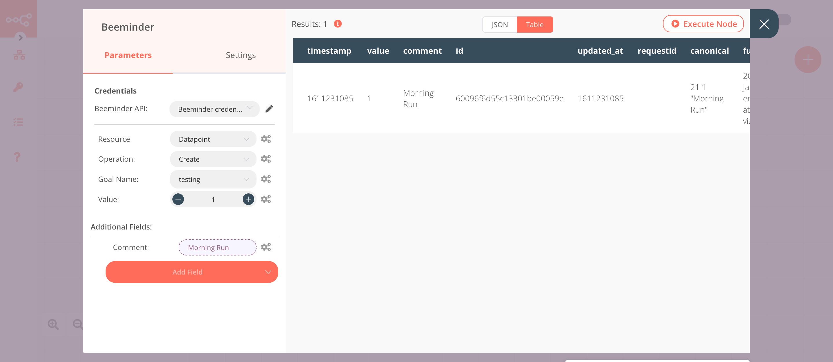 Using the Beeminder node to create a datapoint for a goal