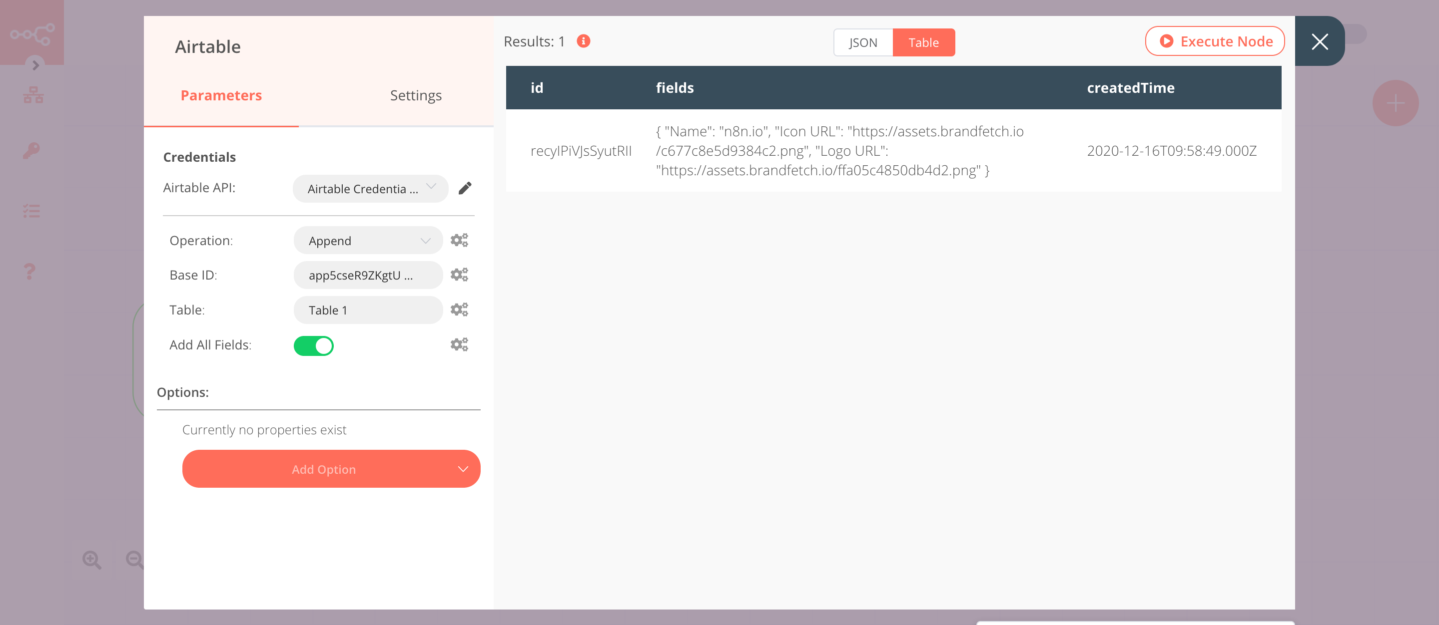 Using the Airtable node to insert data into an Airtable table