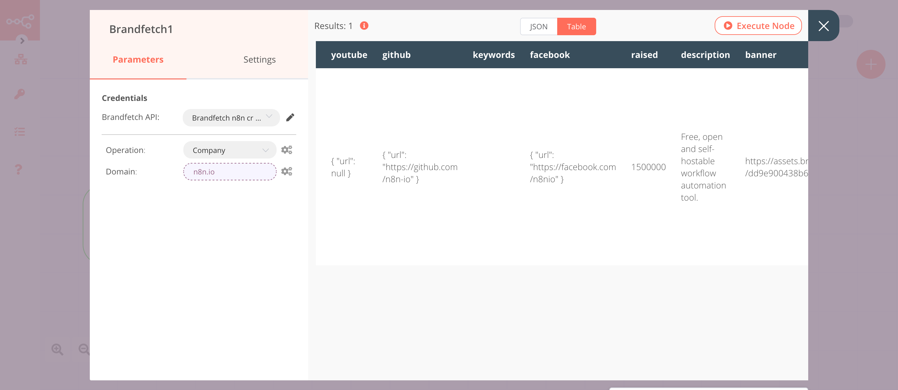 Using the Brandfetch node to retrieve the company data