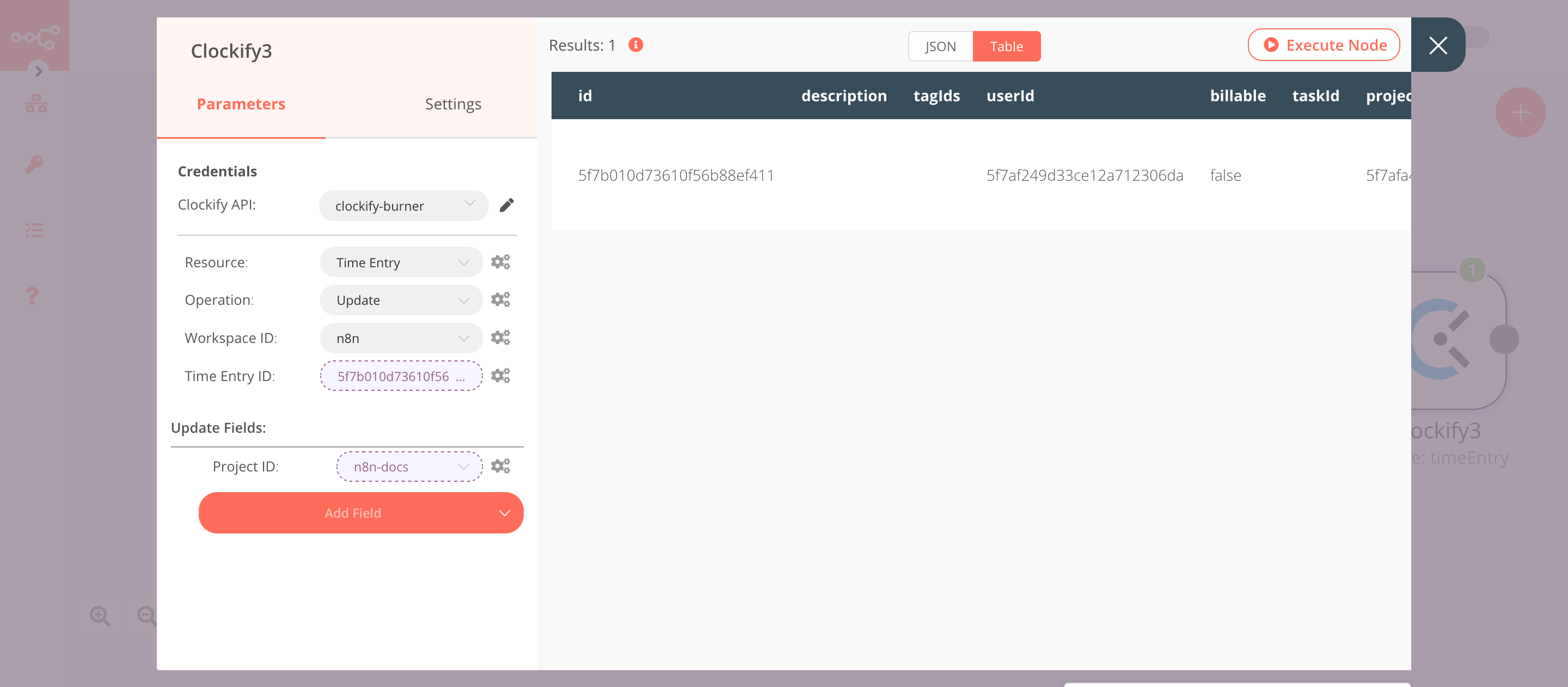 Using the Clockify node to update the time entry