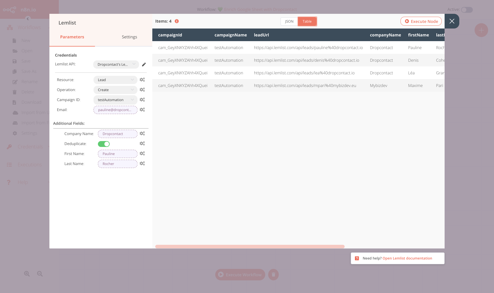 Using the Lemlist node