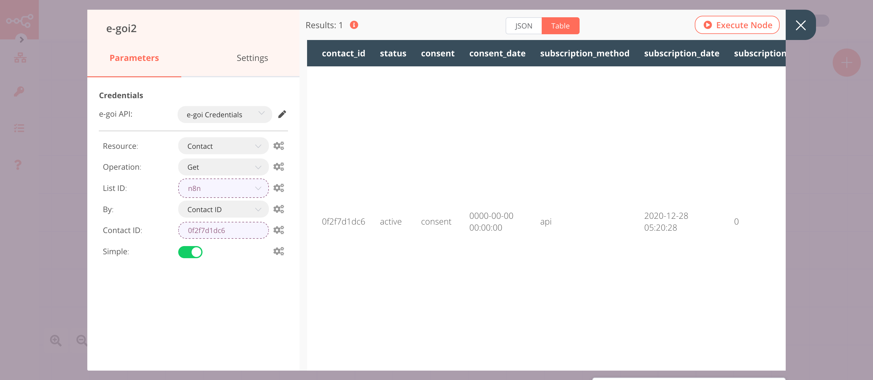 Using the E-goi node to get the information of the contact