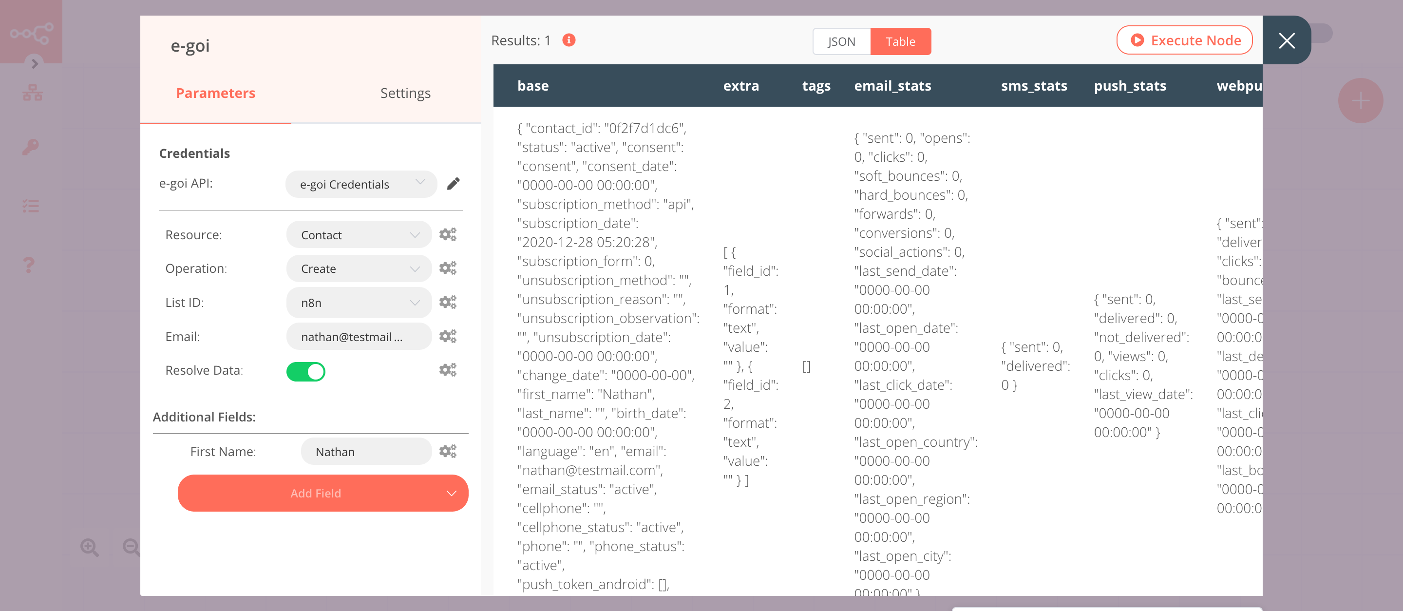 Using the E-goi node to create a new contact