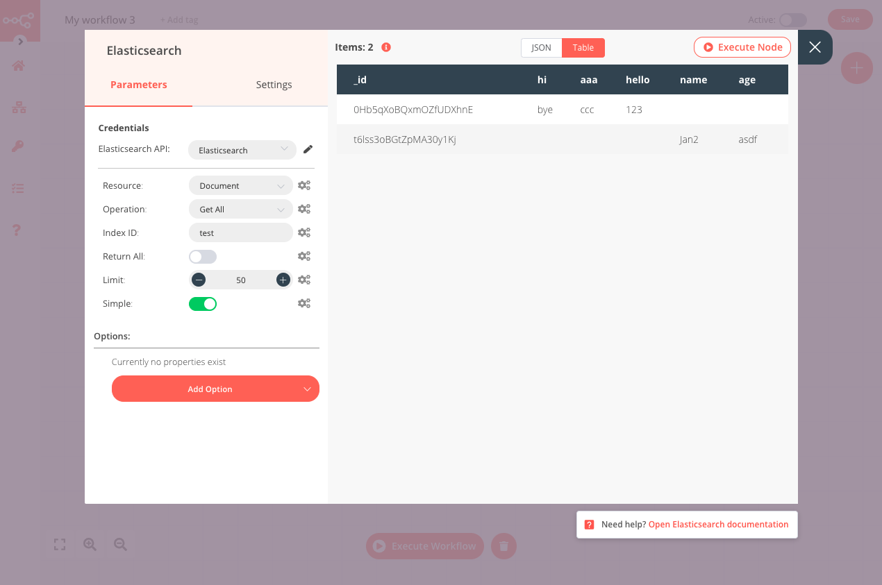 Using the Elasticsearch node 