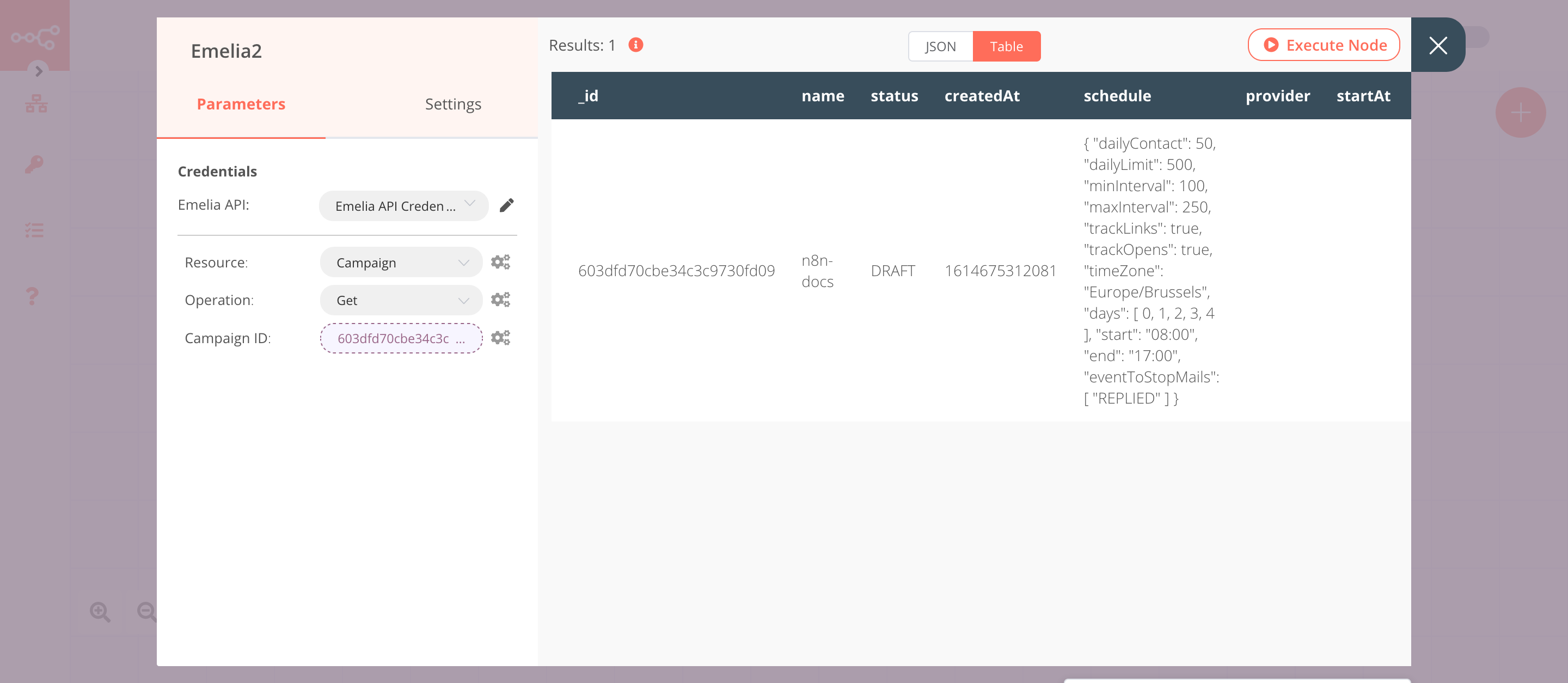 Using the Emelia node to return the information a campaign