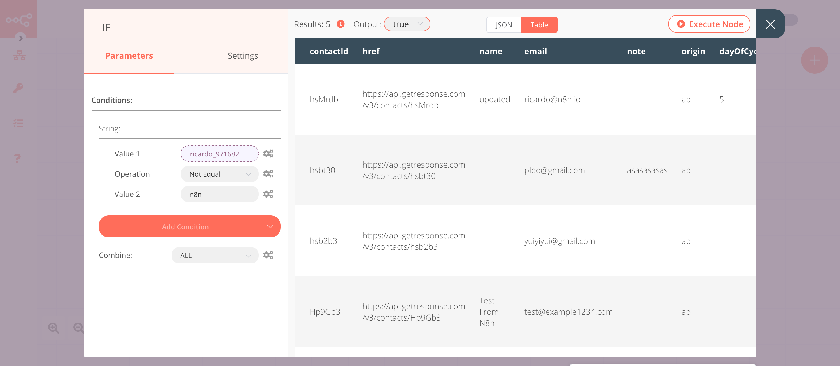 Using the IF node to check if a contact belongs to the n8n campaign or not