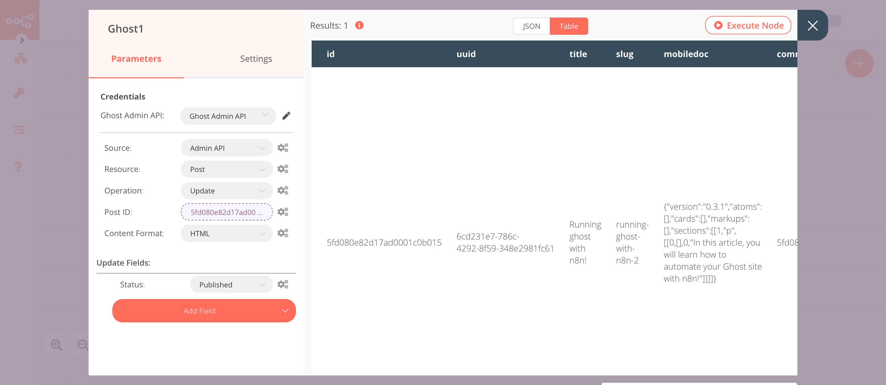 Using the Ghost node to update the status of a post