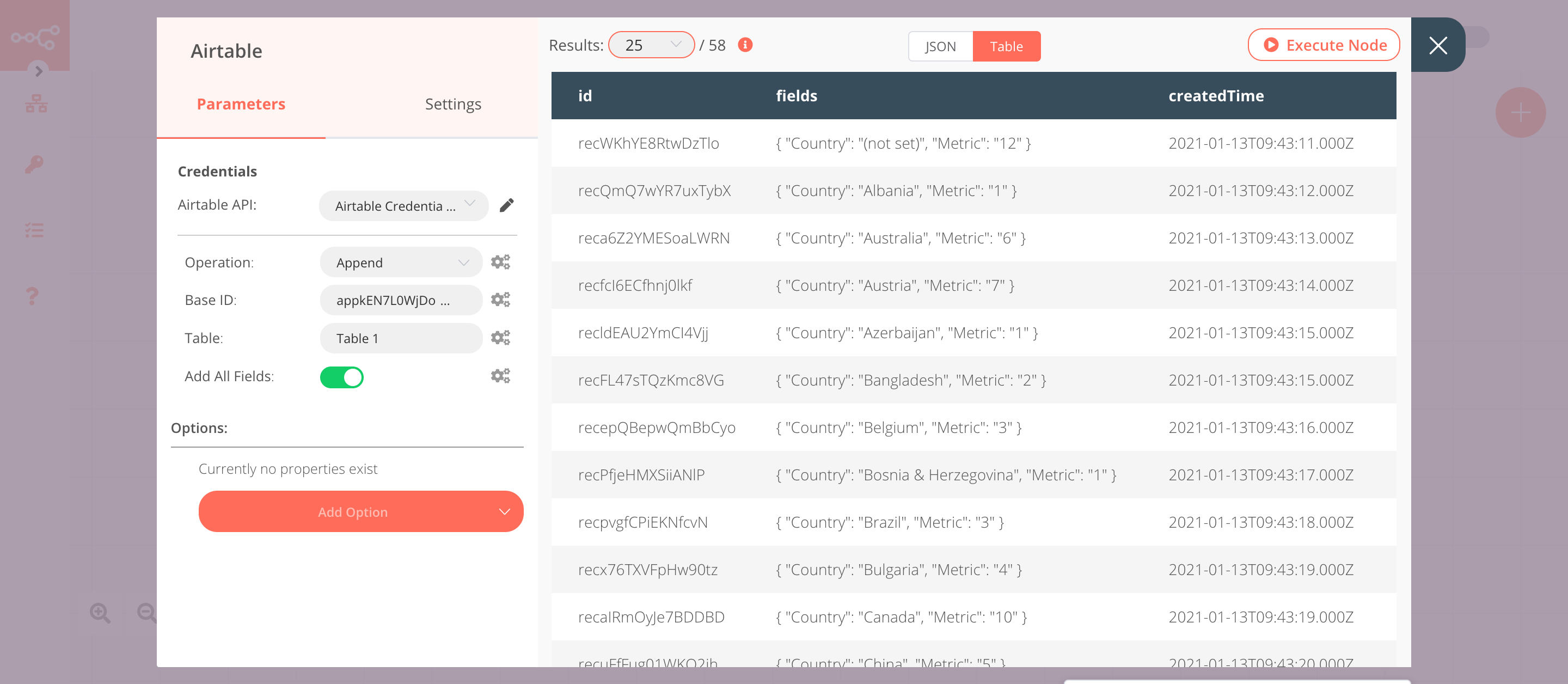 Using the Airtable node to insert data into an Airtable table