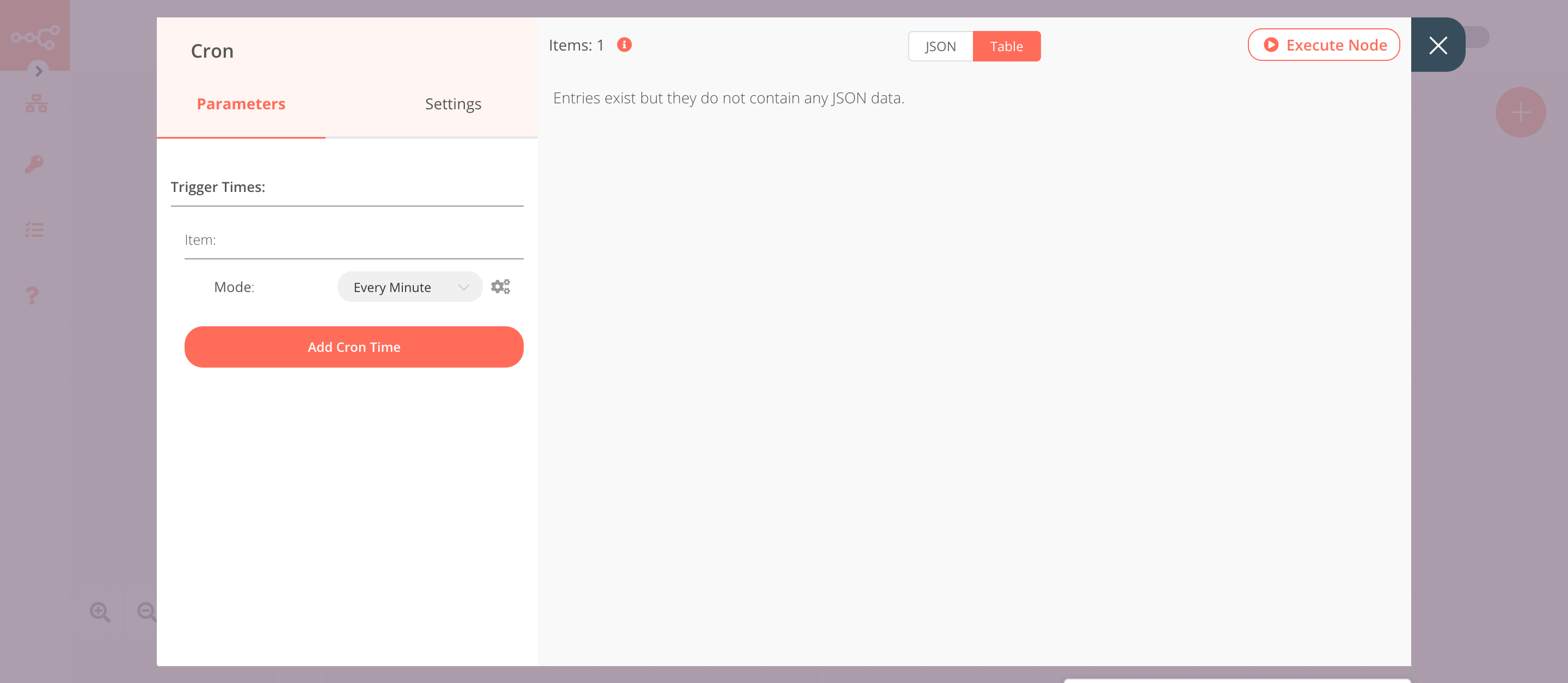 Using the Cron node to trigger the workflow every minute