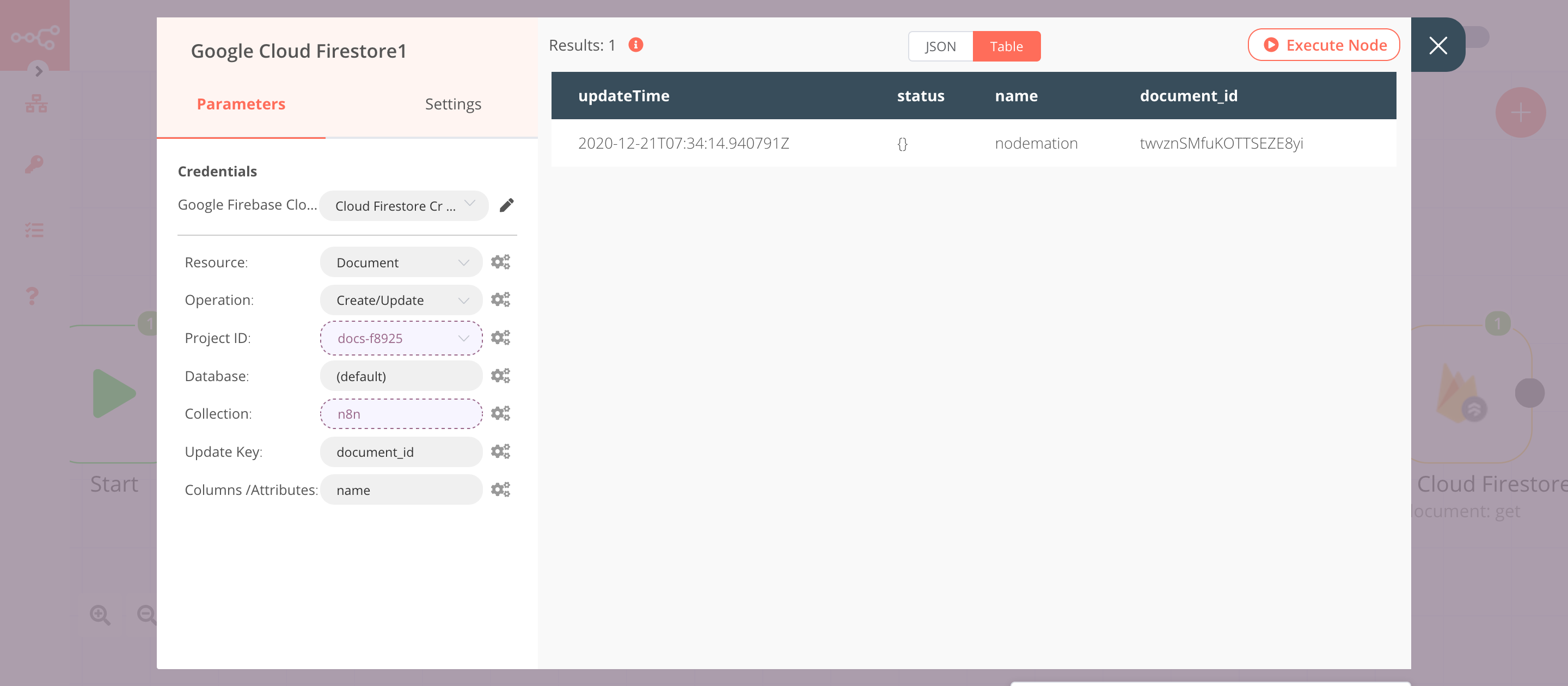 Using the Google Cloud Firestore node to update a document