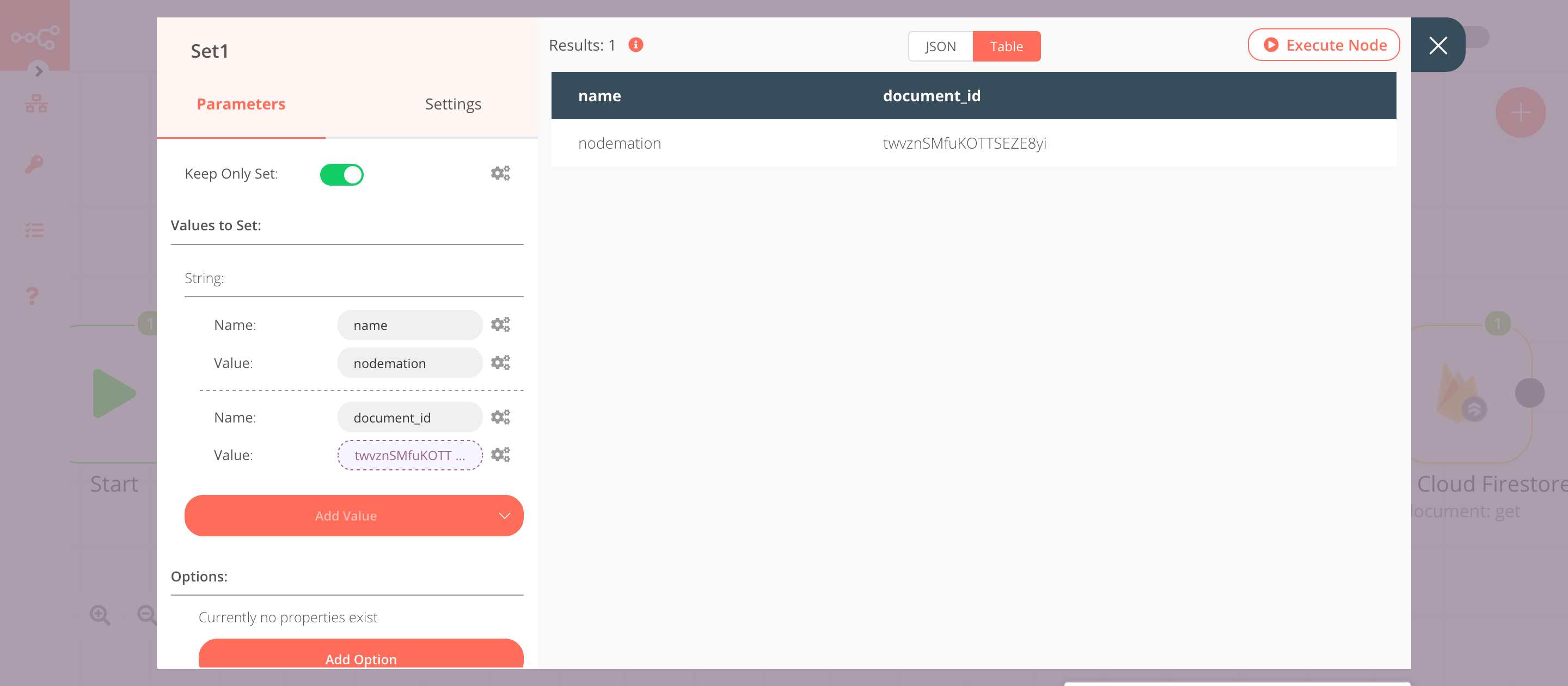 Using the Set node to set the values for name and document_id