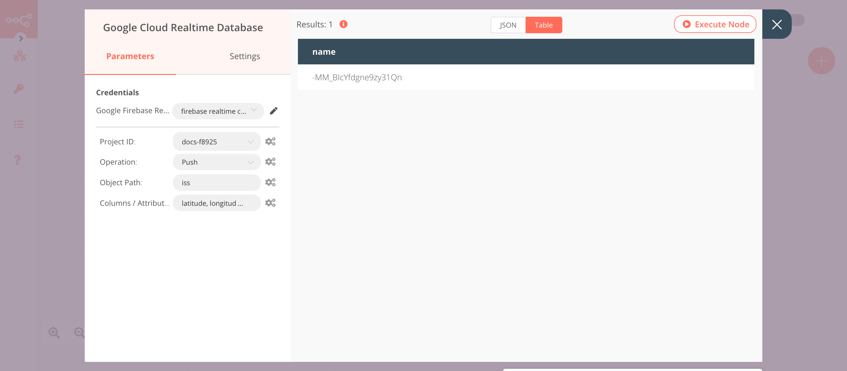 Using the Google Cloud Realtime Database node to push the data to a path