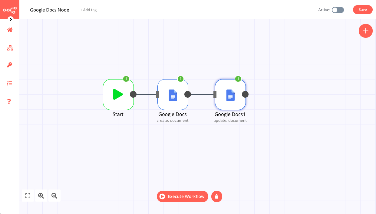 A workflow with the Google Docs node