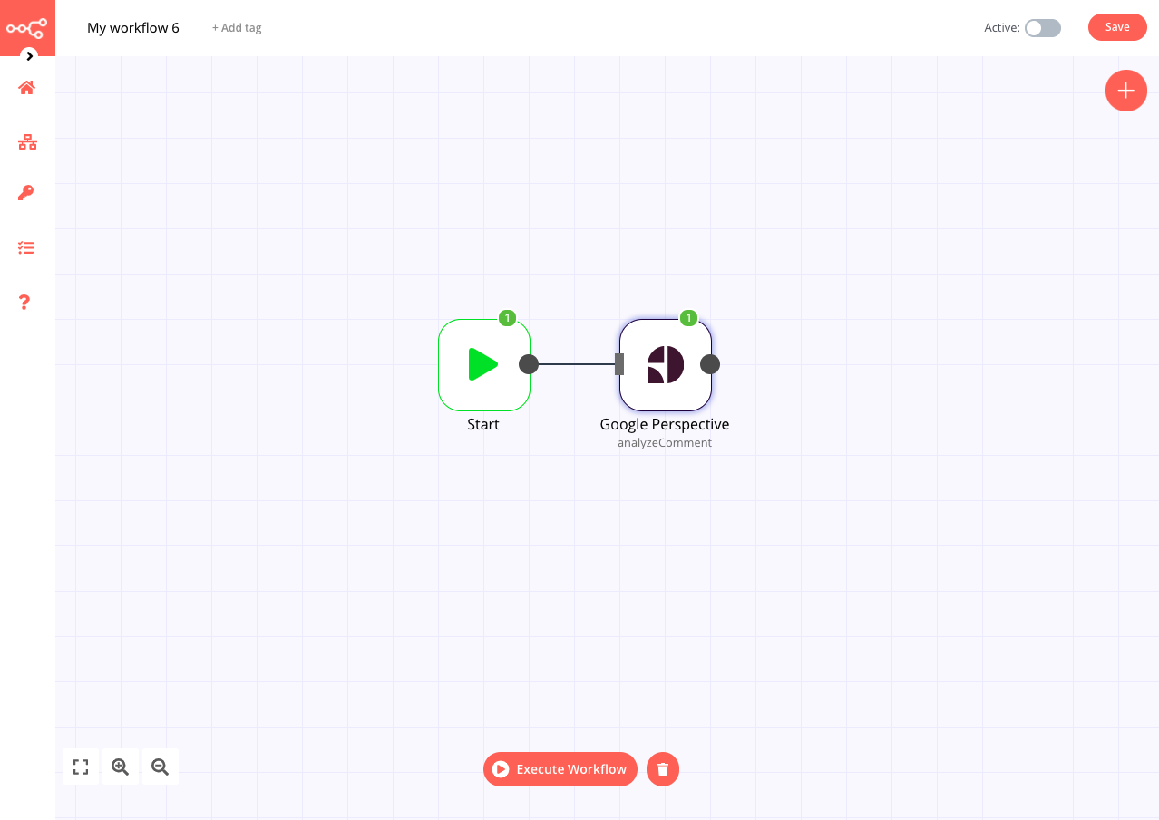 A workflow with the Google Perspective node