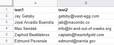 The spreadsheet set up for testing