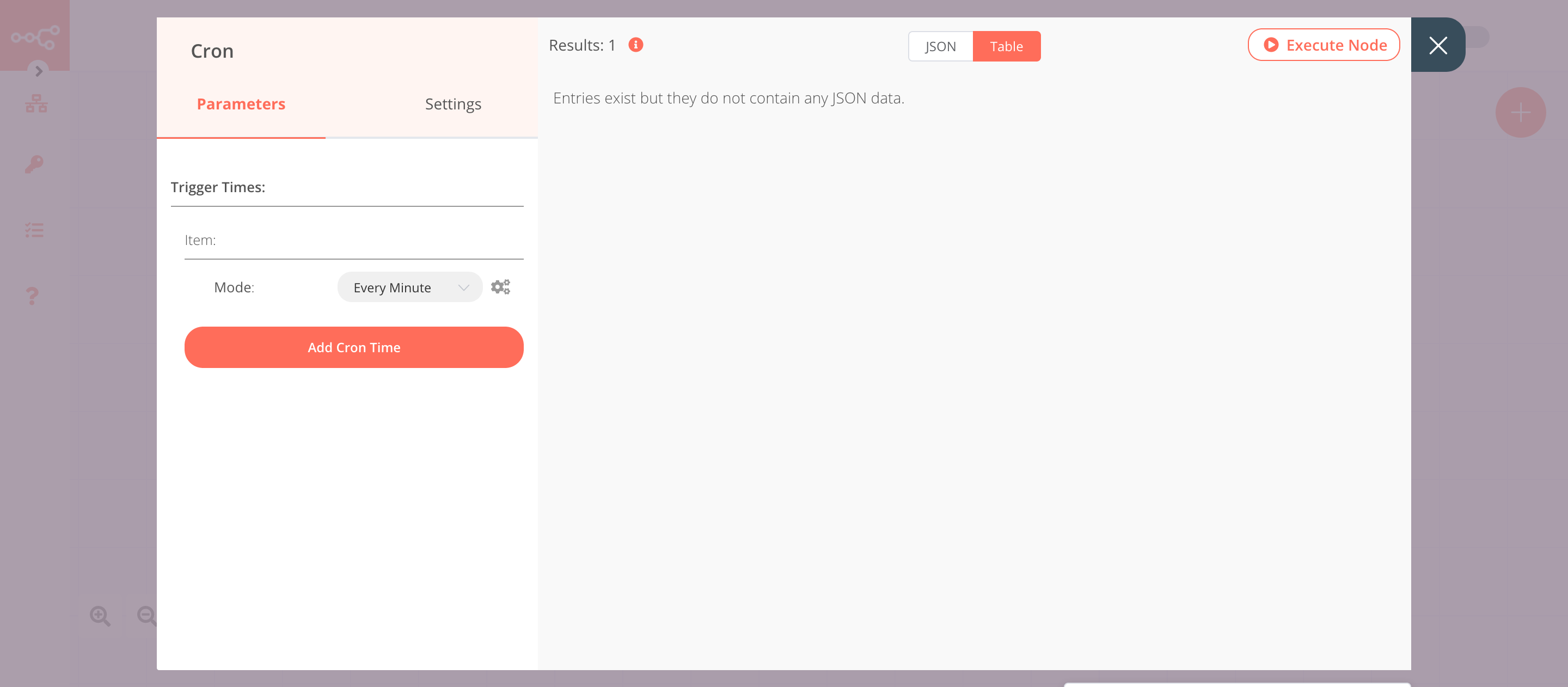 Using the Cron node to trigger the workflow every minute