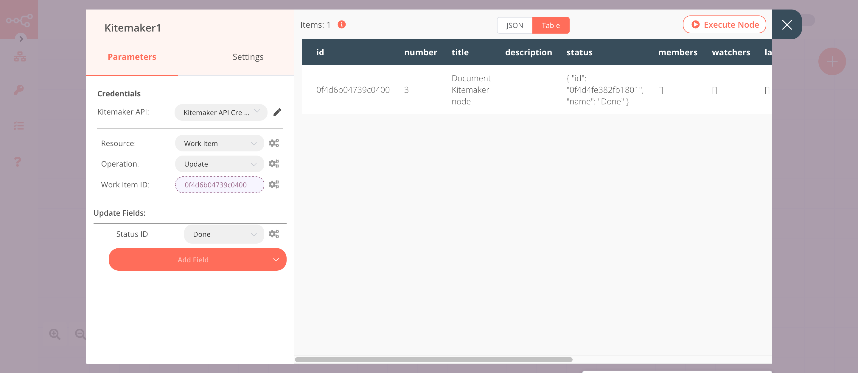 Using the Kitemaker node to update a work item