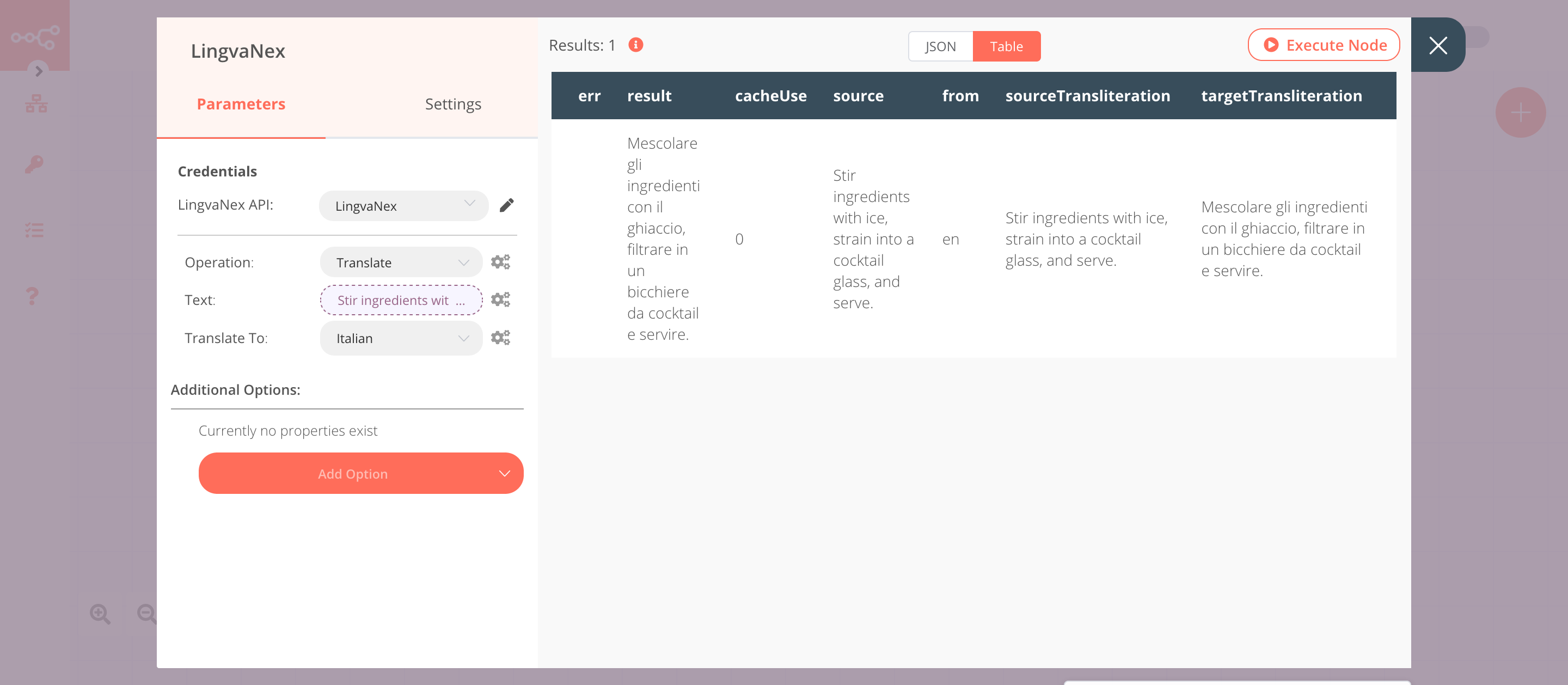 Using the LingvaNex node to translate the instructions to Italian