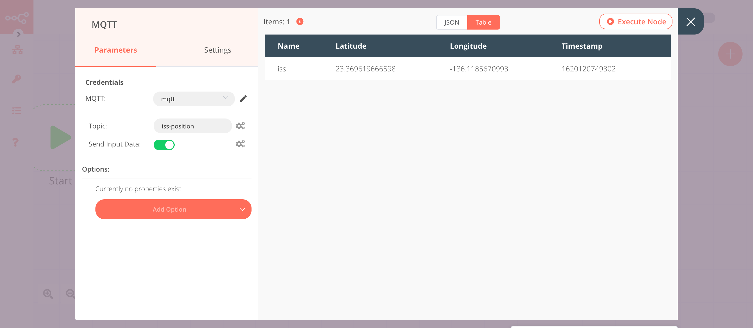 Using the MQTT node to send the data to a topic