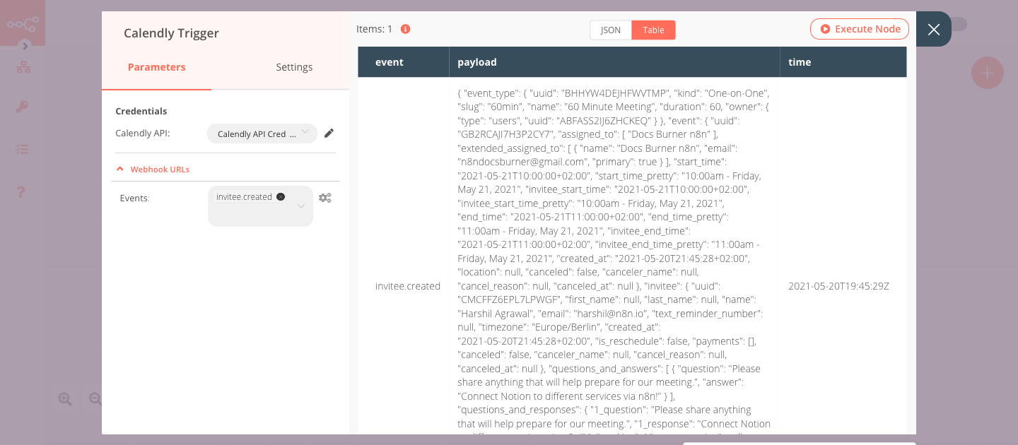 Using the Calendly Trigger node to trigger the workflow