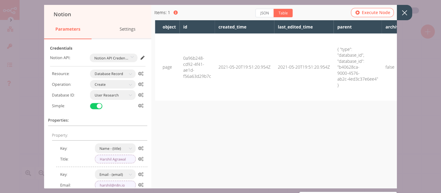 Using the Notion node to add a new record in Notion