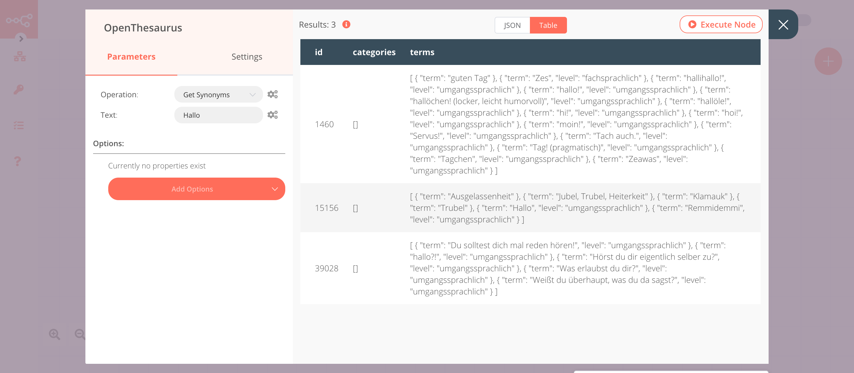 Using the OpenThesaurus node to get the synonyms of the word Hallo