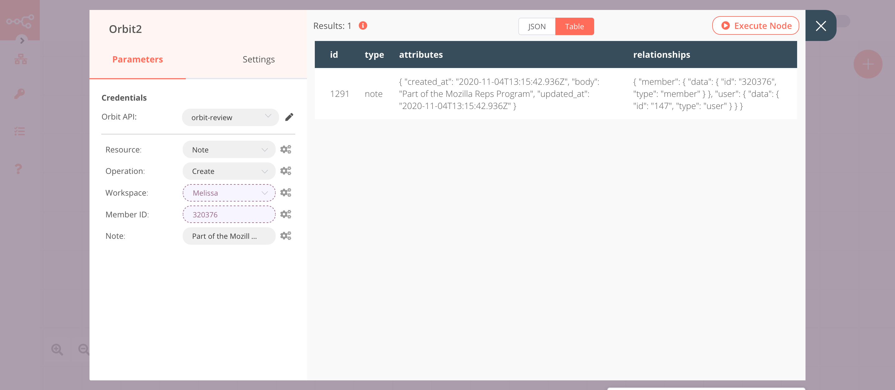 Using the Orbit node to create a note for a member