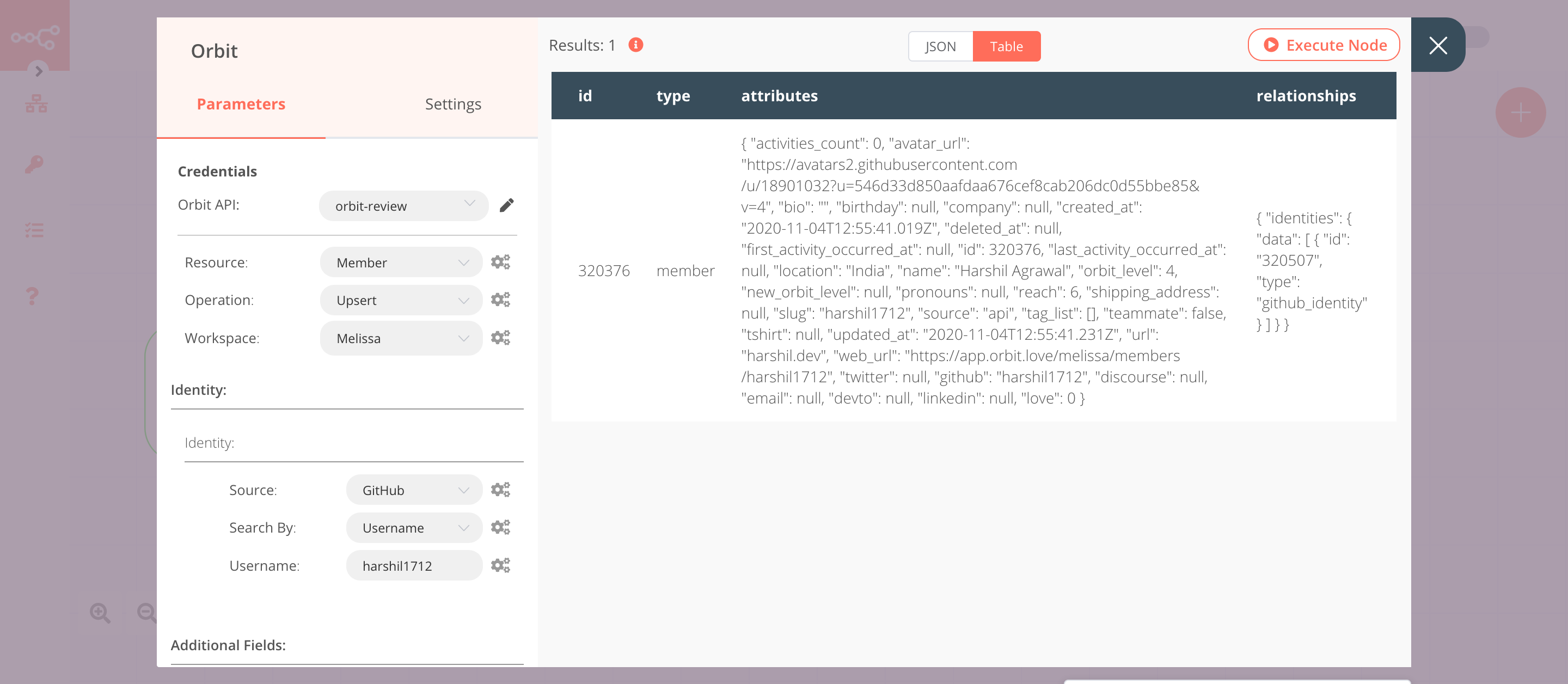 Using the Orbit node to create a new member in a workspace in Orbit