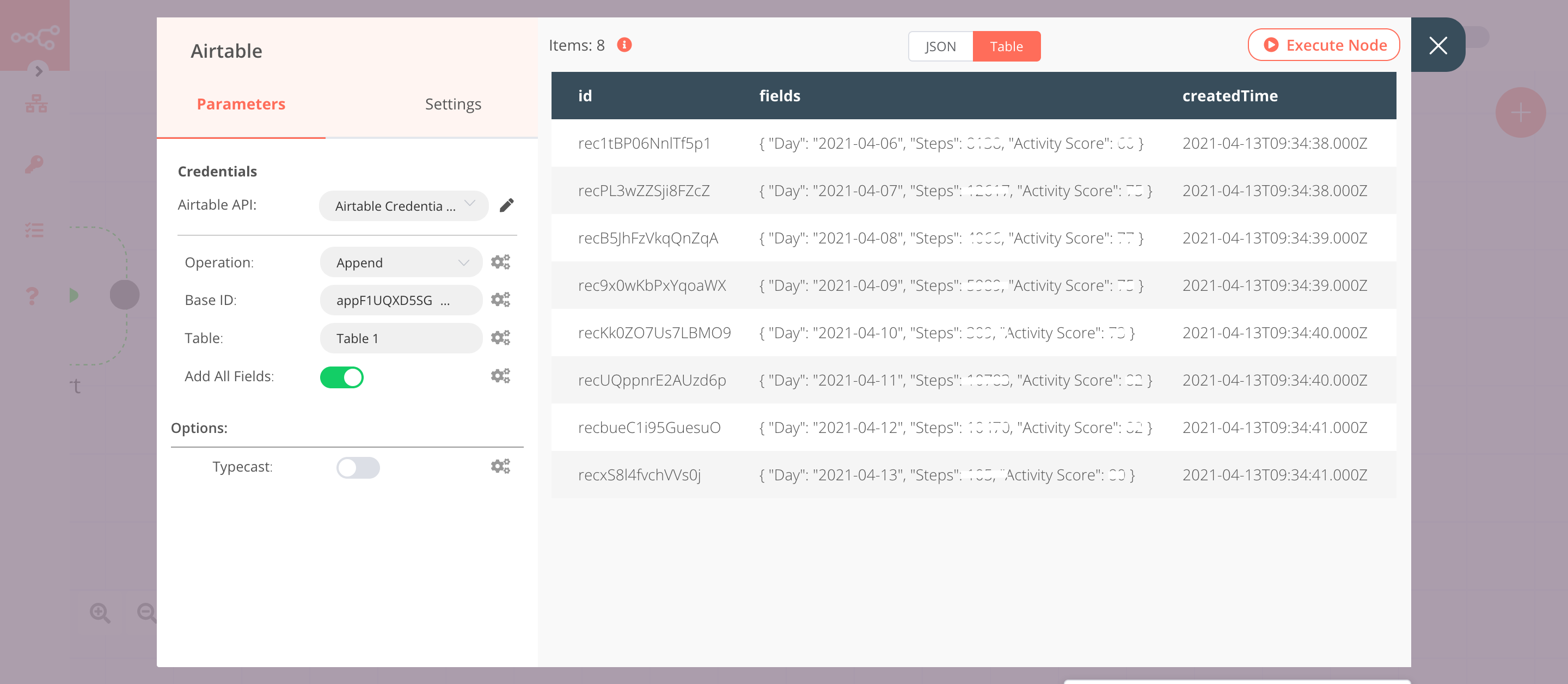 Using the Airtable node to insert data into an Airtable table