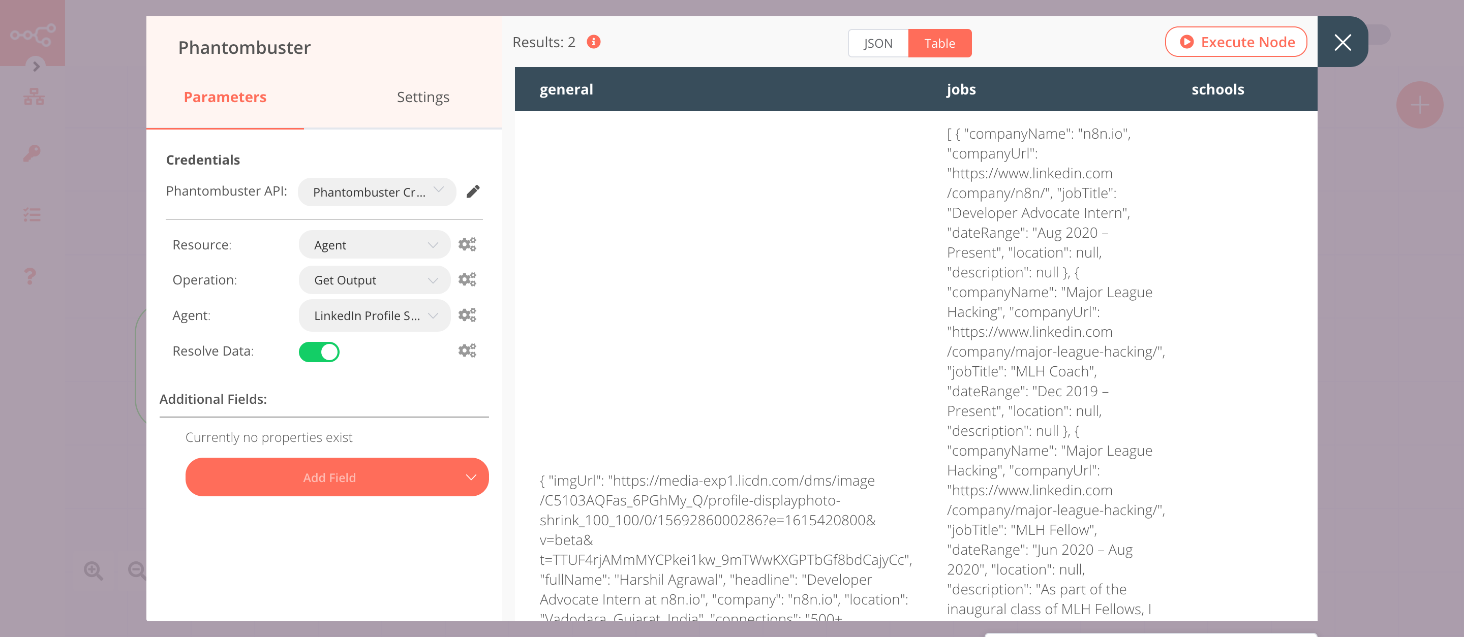 Using the Phantombuster node to get the output of a phantom