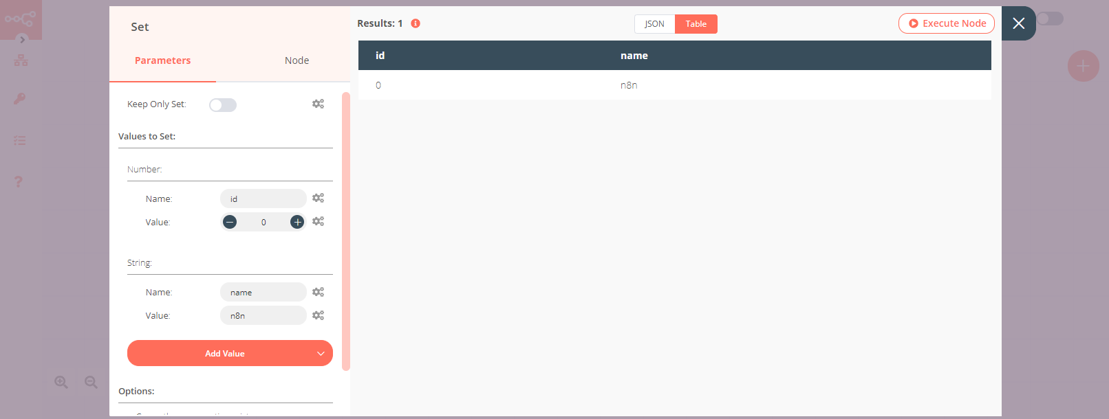 Using the Set node to set data to be inserted by the Postgres node