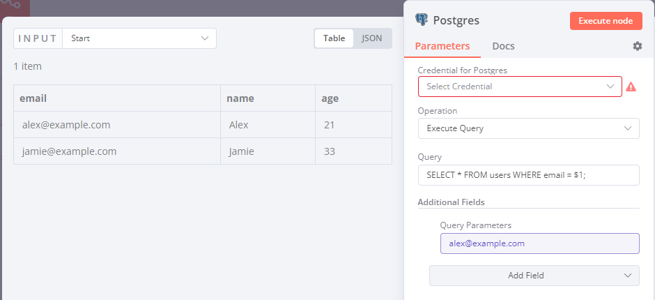 Screenshot of the query parameters and input data fields