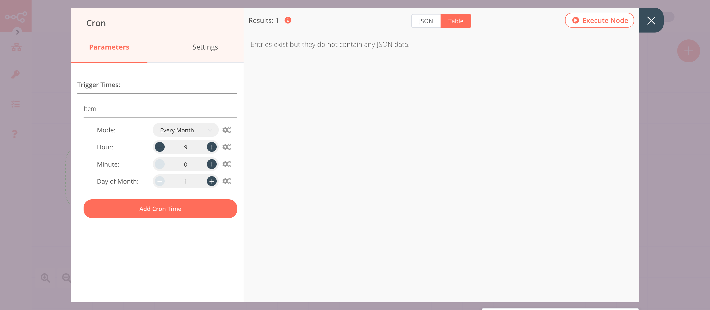 Using the Cron node to trigger the workflow every month