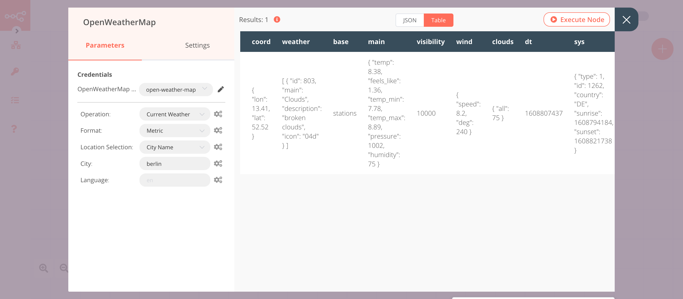 Using the OpenWeatherMap node to get weather updates for Berlin