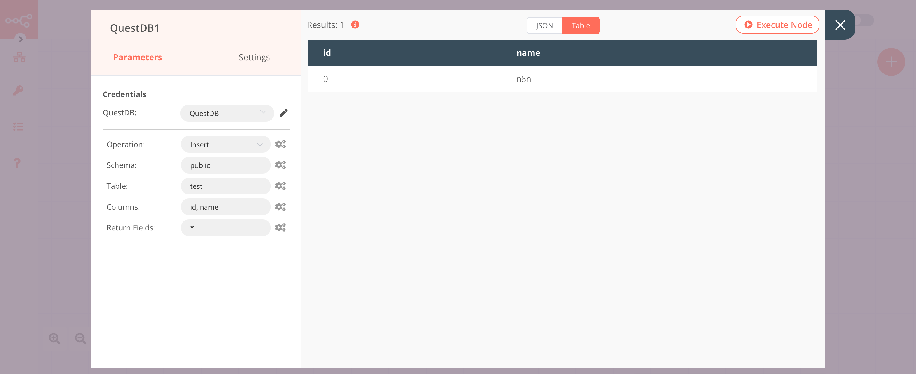 Using the QuestDB node to insert data into a table