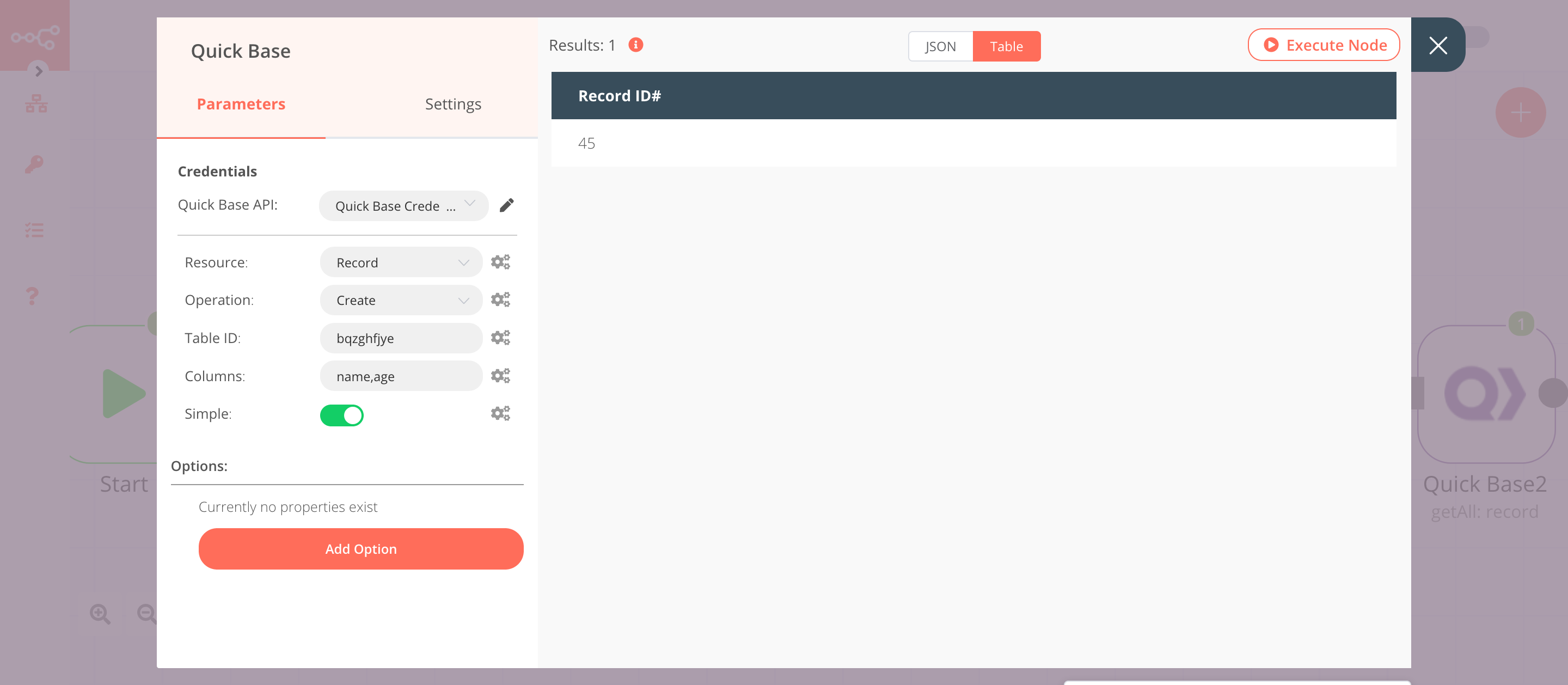 Using the Quick Base node to create an entry