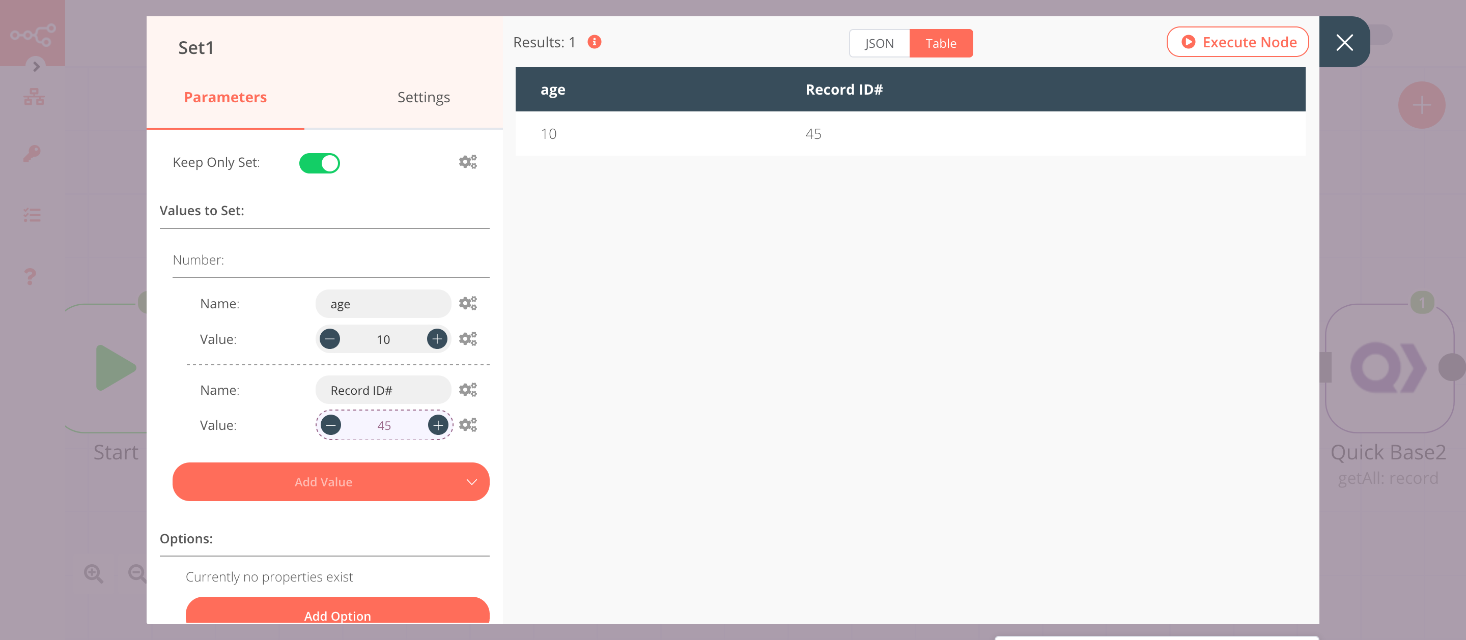 Using the Set node to set the values for age and Record ID#