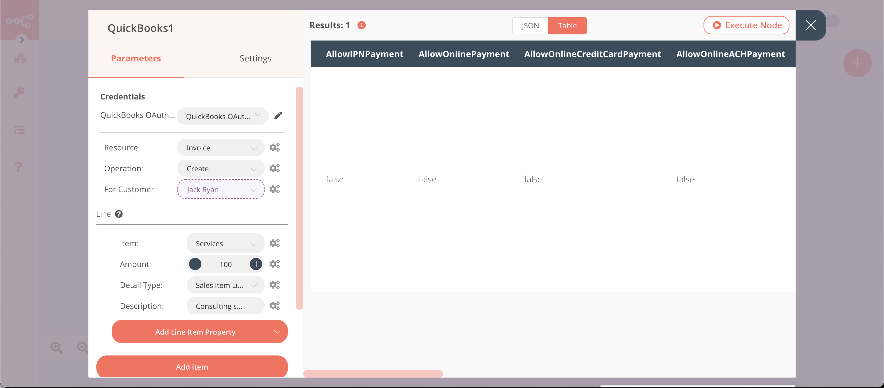 Using the QuickBooks node to create a new invoice