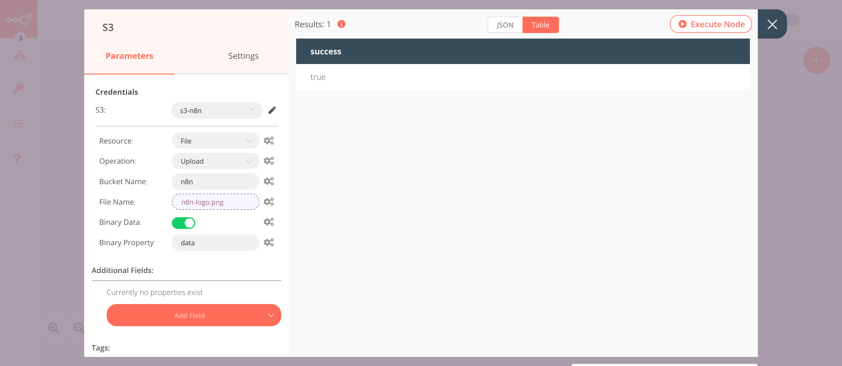 Using the S3 node to upload a file to a bucket