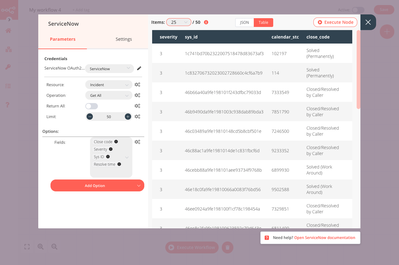 The ServiceNow node