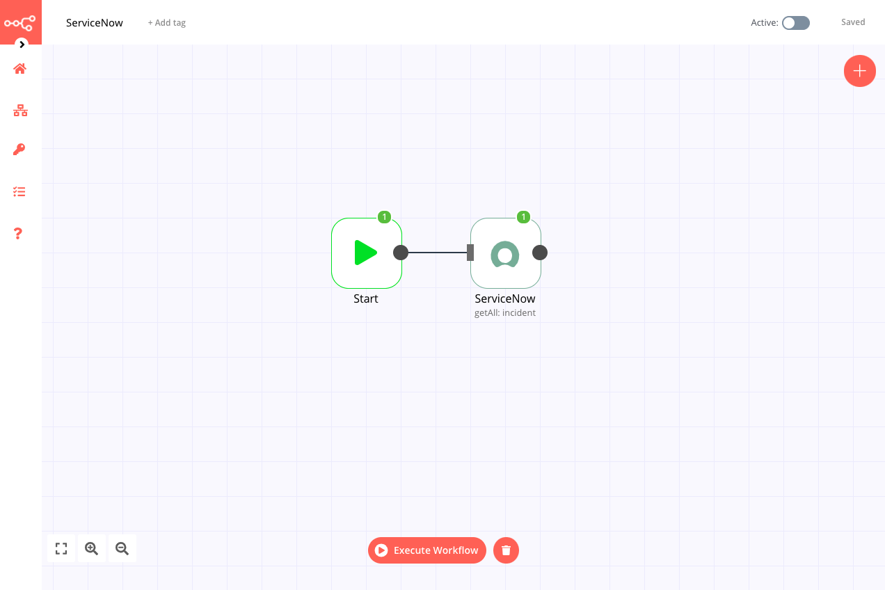 A workflow with the ServiceNow node