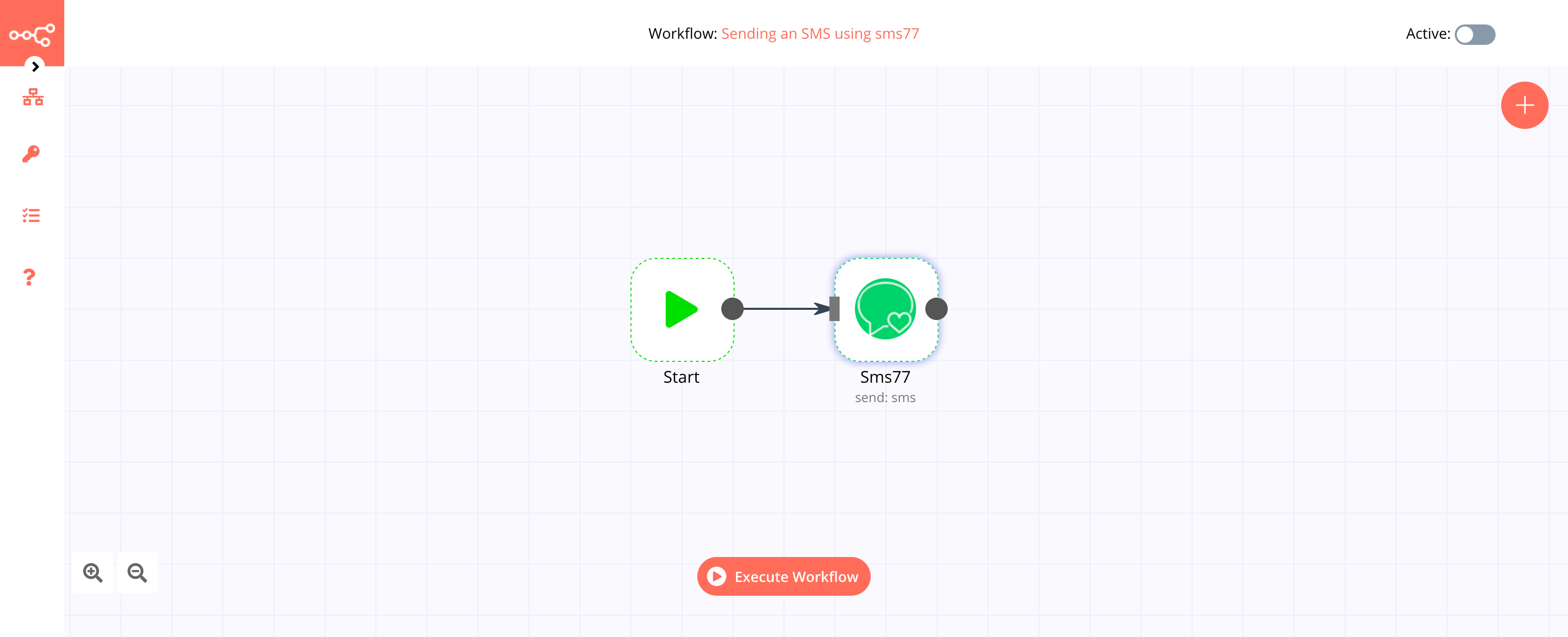 A workflow with the sms77 node